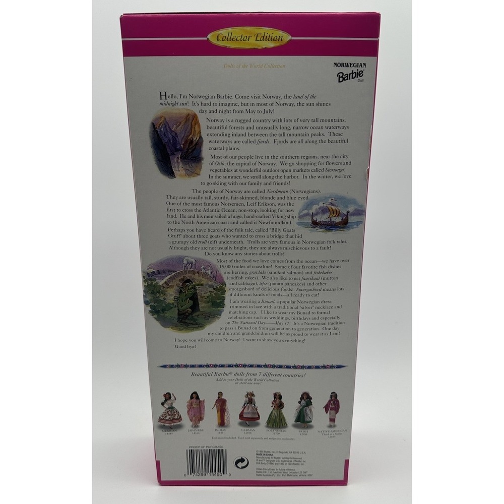 1995 MATTEL NORWEGIAN BARBIE DOLLS OF THE WORLD COLLECTOR EDITION 14450 NEW - Picture 6 of 6